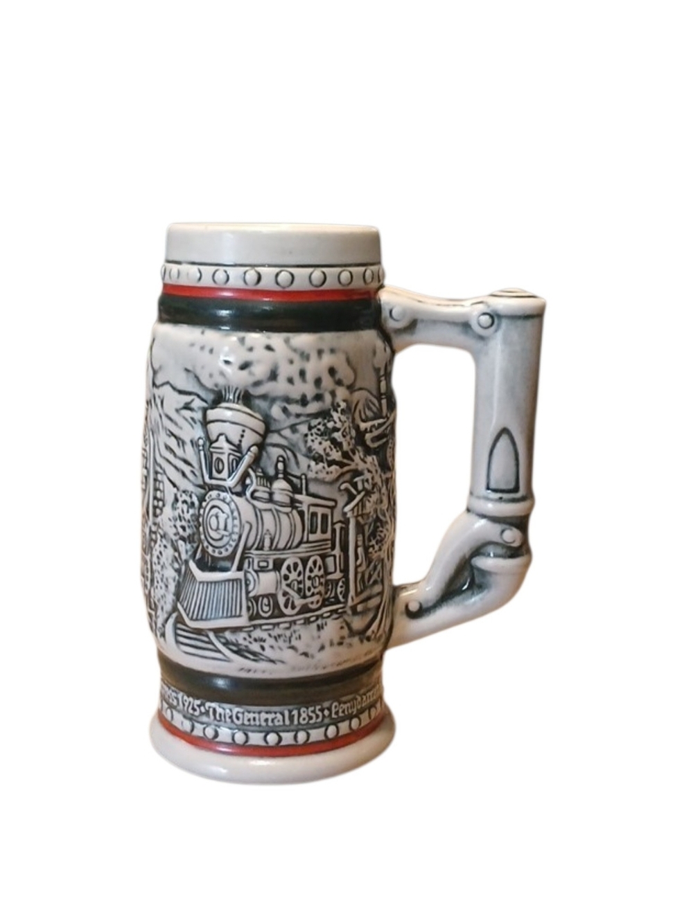 Vintage 1985 Avon handcrafted ceramic beer stein mug featuring a train design